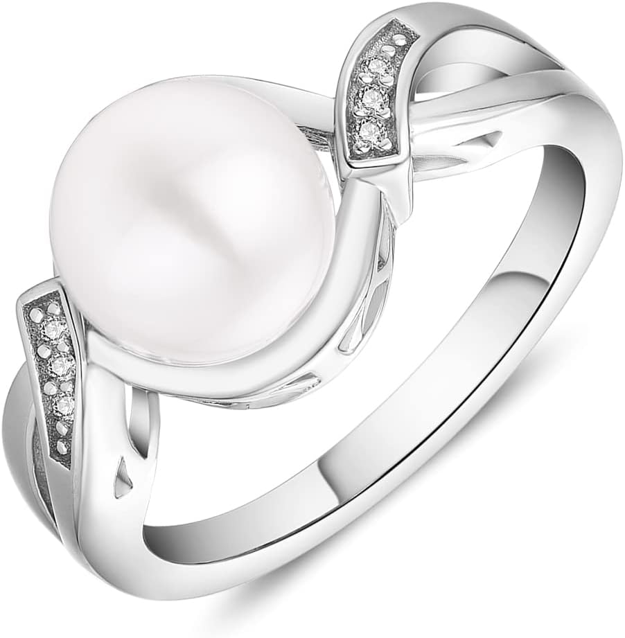 JO WISDOM Pearl Ring,925 Sterling Silver Infinity Cubic Zirconia Women's Rings with 9mm White Freshwater Cultured Pearl Ring size 5-10