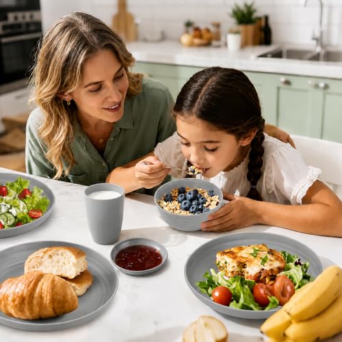 Image of Kids Wheat Straw Dinnerware Sets for 4, 16 Piece Unbreakable Dinnerware Set, Kids Plates and Bowls Sets, Kitchen Plates and Bowls Set, Lightweight Dish Set for Party, Camping,RV - Grey