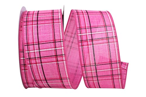 Reliant Ribbon 93844W-061-40H Pinstripe Plaid Linen Wired Edge Ribbon, 2-1/2 Inch X 20 Yards, Pink