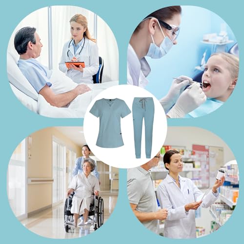 Image of VIAOLI Scrubs for Women Set Modern V-Neck Top & 8 Pocket Jogger Pants Nursing Uniform Solid Stretch Workwear