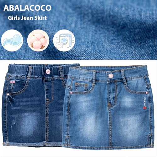 Image of ABALACOCO Jean Skirt for Girls 2Pack Denim Mini Skirt Shorts A-Line Kids Dress,Stretchy Waist Cotton Soft Button Wear 3-14T