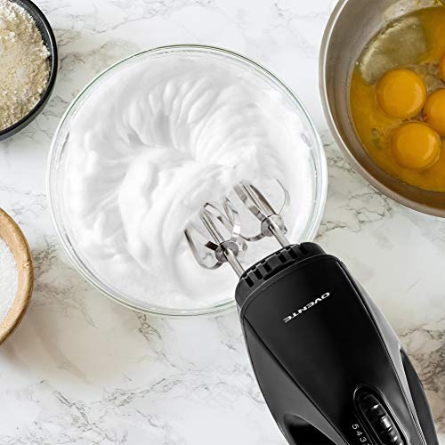 Image of Ovente Portable Electric Hand Mixer 5 Speed Mixing, 150W Powerful Blender for Baking & Cooking with 2 Stainless Steel Chrome Beater Attachments & Snap Clear Case Compact Easy Storage, Black HM161B