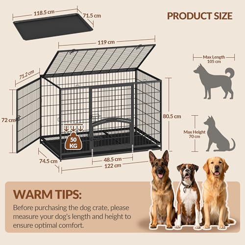 Fobyfurny Hundekäfig Hochbelastbar, XXL Gitterbox für Zuhause, 4-Türiger Hundebox Metall mit Seitentür und Herausnehmbares Bodenschale, Leicht zu Reinigen, Haustierkäfig, Schwarz, 122 x 74,5 x 80,5 cm