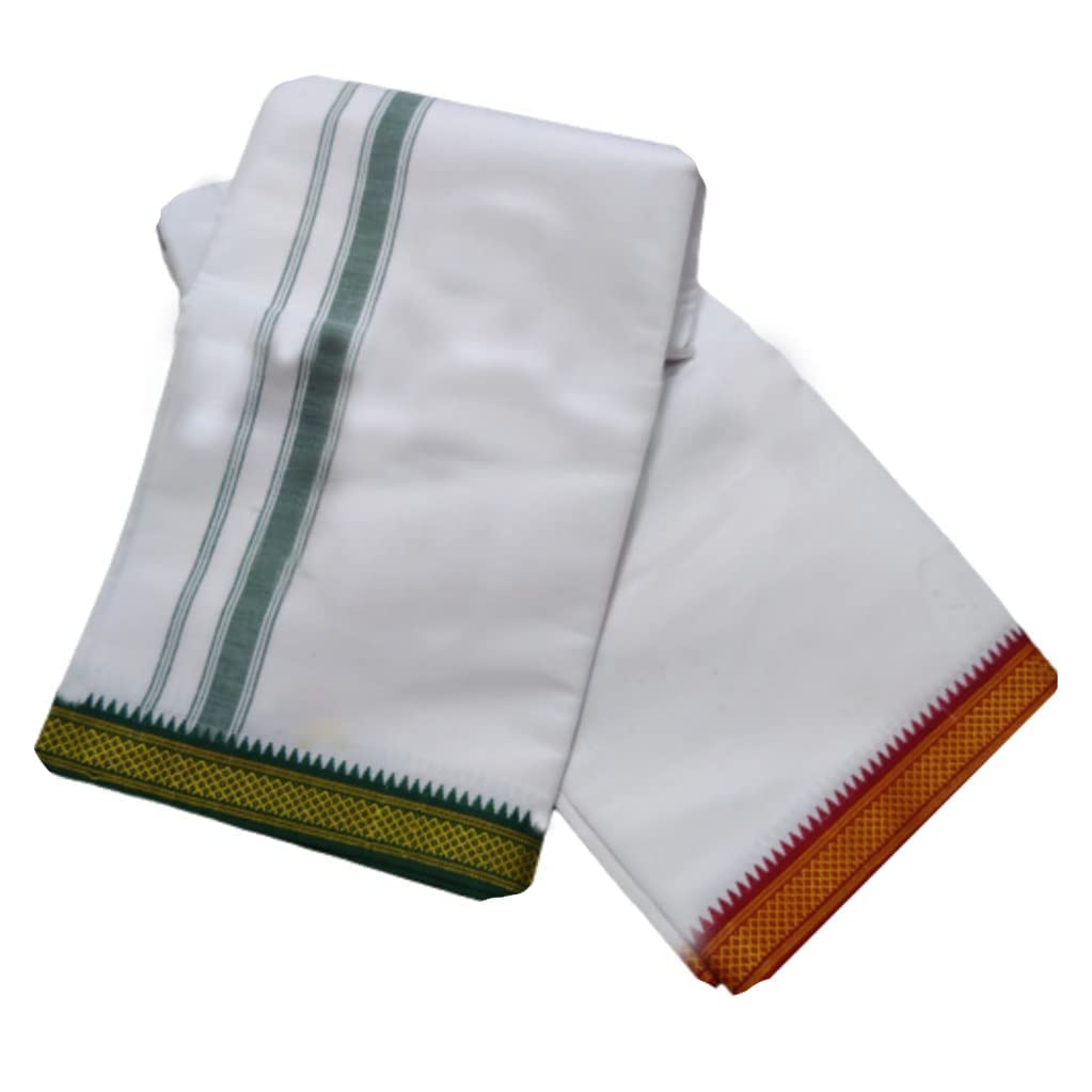 ILTPL - Pack of 2 100% Cotton White Lungi With Colored Border for Men, Cotton Rich Mundu Dual Border Dhoti Set