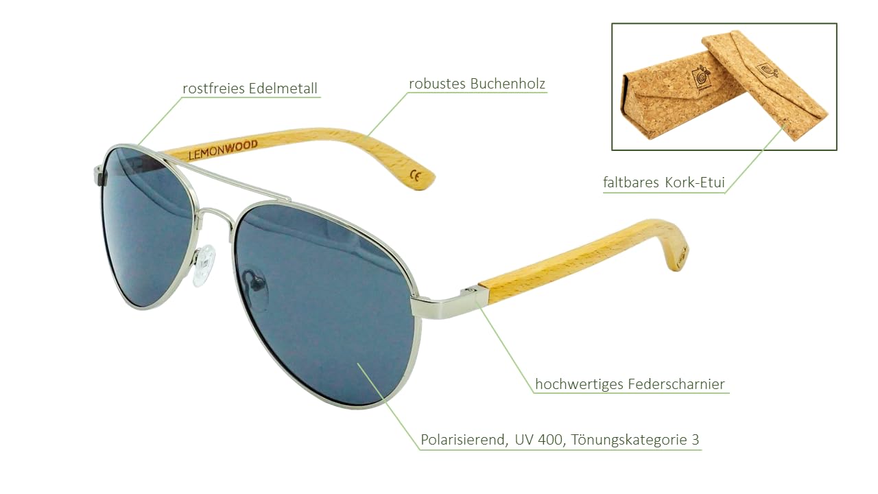 LEMONWOOD Holz Pilotenbrille Sonnenbrille Pilot Holzbrille aus Buchenholz polarisierende Gläser Cat 3 UV400 Federscharnier Pilot-Beech incl. faltbarem Kork-Etui