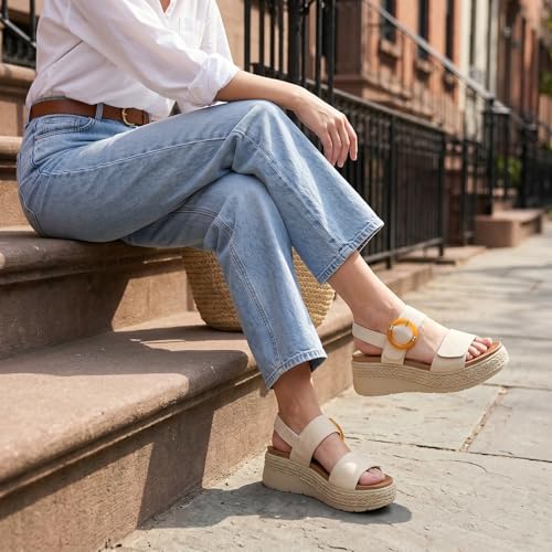 Image of UBFEN Womens Espadrille Platform Sandals Low Wedge Heel - Orthopedic Arch Support, Cushion Insole, Comfortable Dressy Buckle Sandals for Walking and Vacation