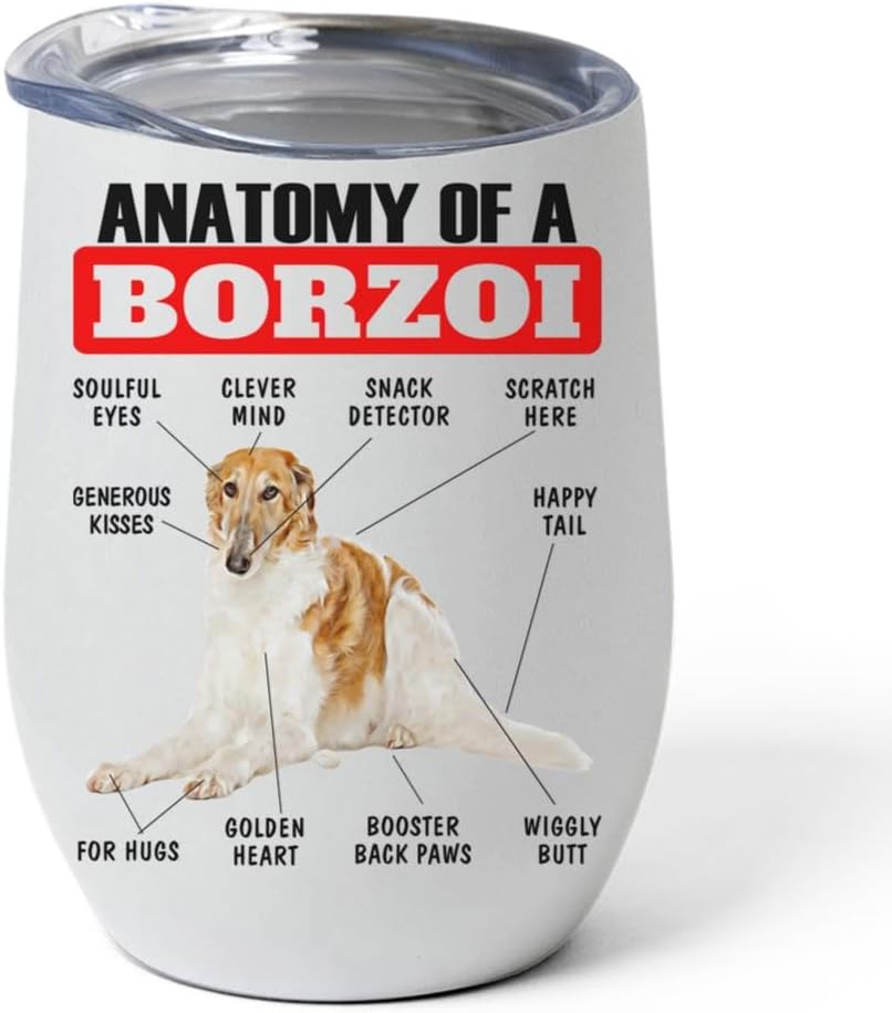White Red Borzoi Tumbler 12oz - Funny Anatomy Chart Design - Stainless Steel Vacuum Insulated Wine Cup With Lid - Gifts for Dog Lovers
