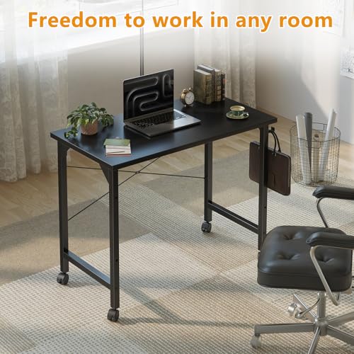 Image of Grandder Rolling Computer 32 inch Desk with Wheels, Wroking Small Desk for Living Room, Modern Simple Style Table for Home Office, Study Writing Table, Caster, Black, 32 inch