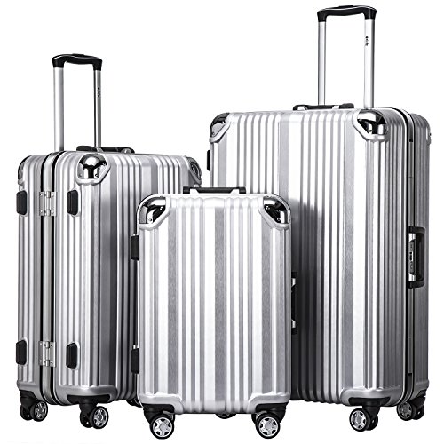Coolife Luggage Aluminium Frame Suitcase 3 Piece Set with TSA Lock 100% PC (SILVER)