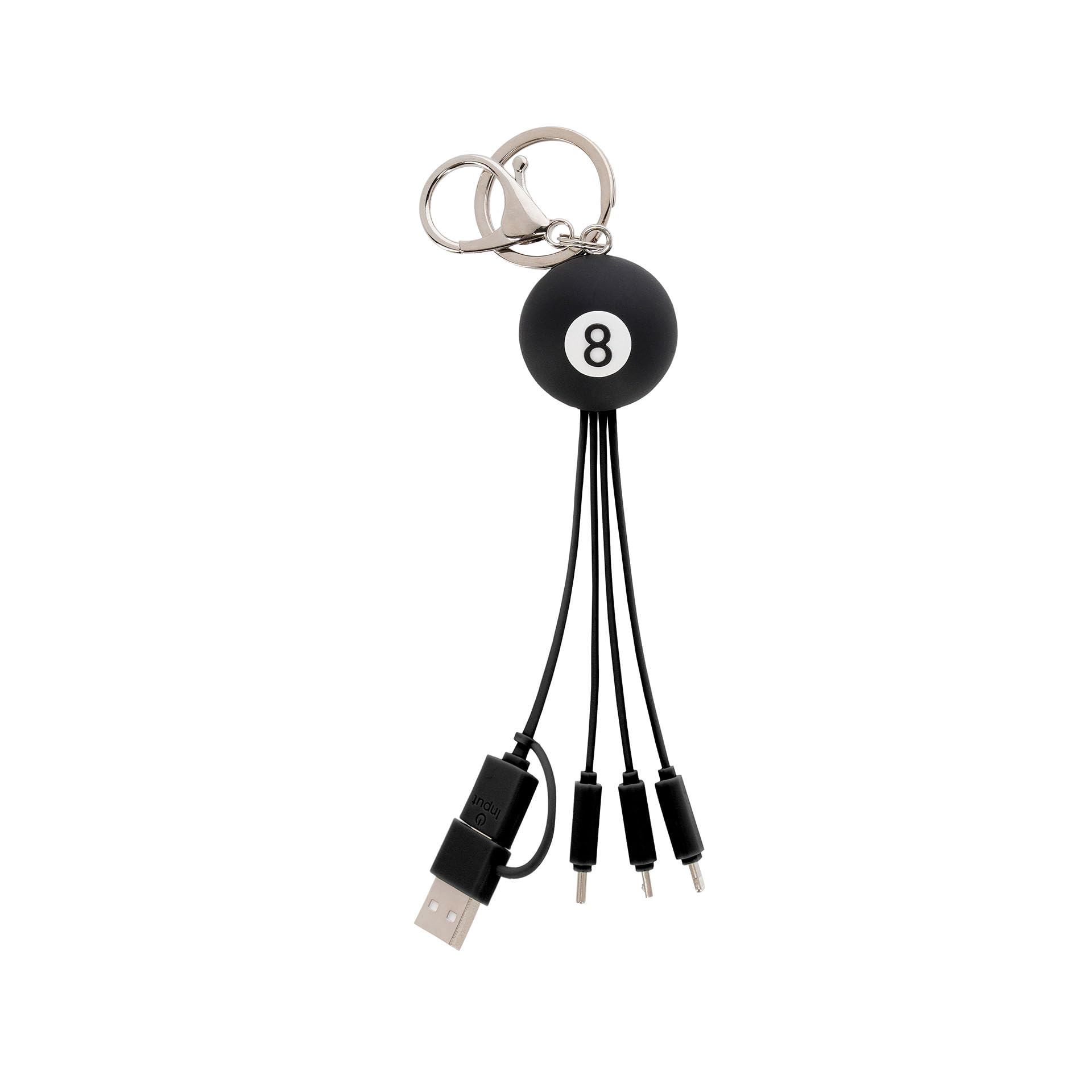 Legami - Multiple Link Up Charging Cable, Theme 8 Ball, with Keychain, 4 USB Charging Cables, Type-C, Micro-USB, Lightning, with USB Type C Adapter,
