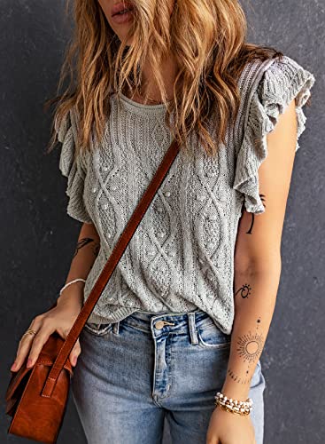 Hotapei Women Crewneck Tank Top Summer Solid Ruffle Sleeve T Shirts Cable Knit Sweater Vests Grey Medium #TOP2