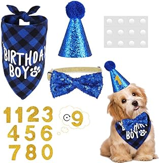 Dacitiery Dog Birthday Party Supplies,Plaid Dog Birthday Bandana Boy Scarf and Reusable Dog Birthday Hat Bow Tie Collar Birthday Number for Medium Large Puppy Dog Birthday Party Outfits