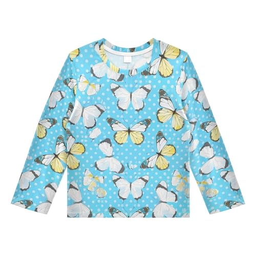 DOMIKING Butterfly Polka Dot Cyan Boys Long Sleeve Rashguard Shirt Kids Quick Dry Swim Shirt for Running Swiming Pool 9-10T