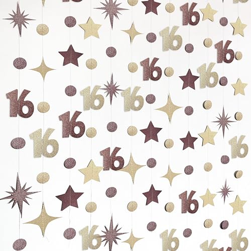Image of Champagne Gold Brown 16th Birthday Decorations Number 16 Circle Dot Star Garland Streamer Banner Backdrop for Girls Boys Sweet Sixteen Cheers to 16 Years Old Happy 16th Birthday Party Supplies