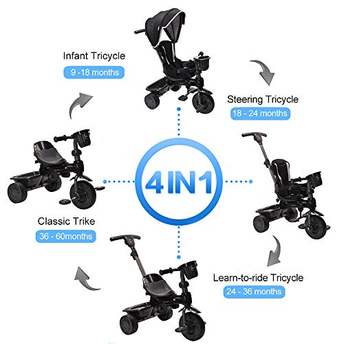 ChromeWheels 4-in-1 Stroller Tricycle for Kids, Adjustable Push Trike for Toddlers with Removable Canopy for 9 Months - 5 Years Old, Black