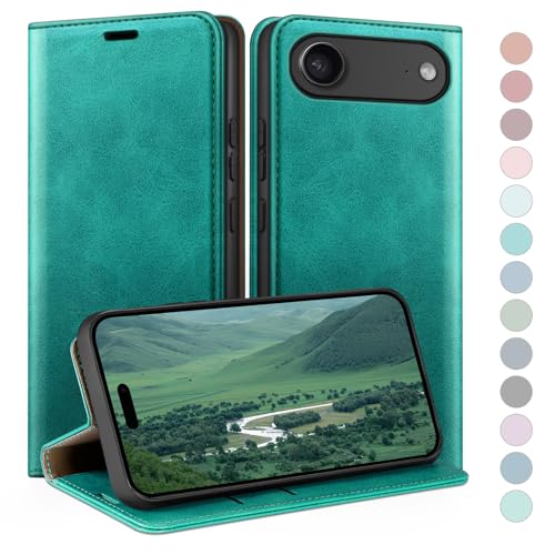 Coque iPhone 17 Air HUOUH étui portefeuille bleu vert en cuir