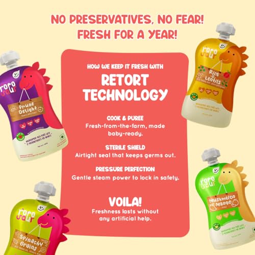 Image of Rorosaur Baby Food Purees - Ready to Eat - 9 Pouch Combo (100g each - combo pack), 6+ Months | Grain, Fruit, Veggie | Natural, Easy to Digest, No Preservatives, No Added Sugar, No Salt