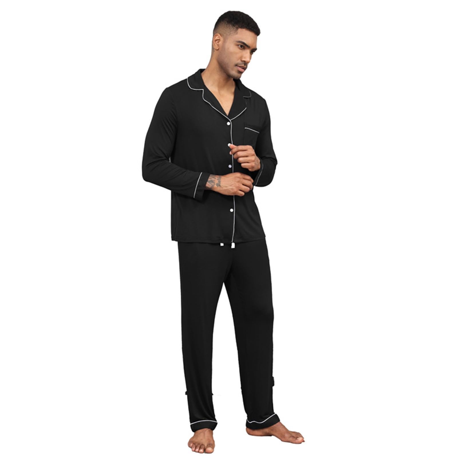 Generisch Conjunto de pijama para hombre, camisa de manga larga con cuello de solapa y pantalones largos, monocolor, algodón, informal, transpirable, ligero, suave, cómodo, traje de casa de 2 piezas