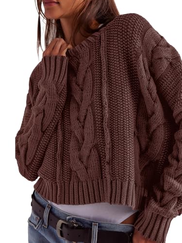 Panadila Womens Cropped Sweater Crew Neck Cable Knit Sweater Ribbed Long Sleeve Top Soft Boxy Pullover3