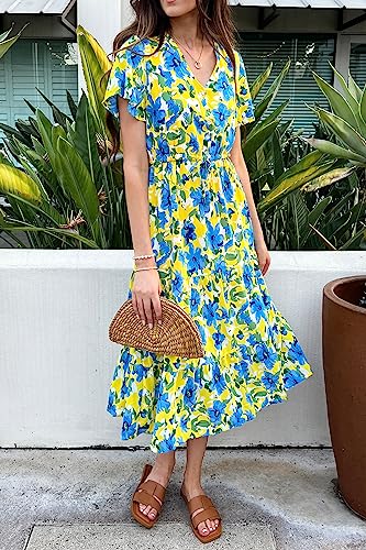 PRETTYGARDEN Summer Floral Dress for Women 2025 Casual Boho Short Sleeve Maxi Dresses V Neck Tiered Flowy Beach Sundress