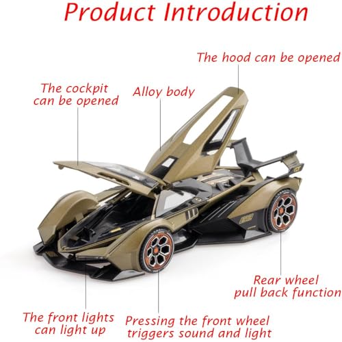 Image of 1:22 Scale Diecast Metal Car Lambo V12 GT Toy Car for Kids with Light Sound Pull Back Openable Door Collection Model Cars