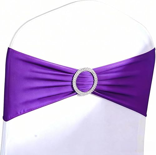 Paquete de 50 bandas elásticas color morado para decoración de sillas de fiesta, bandas elásticas para sillas con hebilla para banquete de boda,