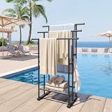 ELYKEN 3 Tier Standing Towel Rack, 40'' Tall Towel Drying Rack Outdoor, Freestanding Floor Towel Rack with Shelf, Pool Towel Blanket Stand, Metal Towel Racks for Bathroom freestanding, Matte Black