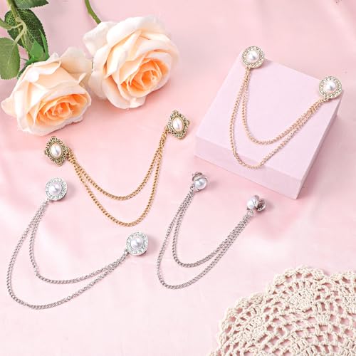 Image of Mabor Collar Chain, 4Pcs Vintage Sweater Shawl Chain Clips Antique Cardigan Collar Clips Cloak Chain Holders Gold Silver Brooch Pin for Women Men Lapel Suit Dress Decoration