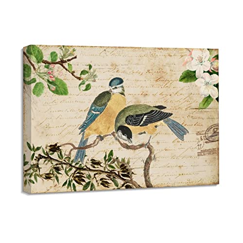 Peinture oiseaux et fleurs sur toile avec cadre en bois noble