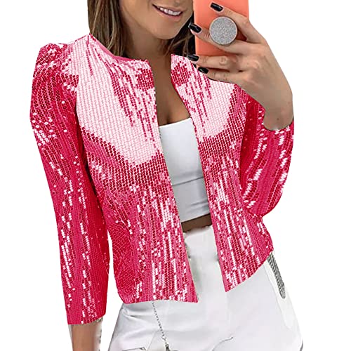 Generisch Chaqueta con purpurina para mujer, chaqueta de lentejuelas frontal abierta, manga larga, elegante, brillante, cárdigan de fiesta, bolero, informal, recortado con lentejuelas, cárdigan ligero