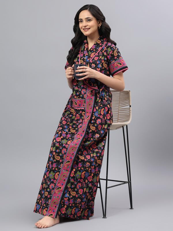 Image of bellamy Women Cotton Printed Maxi Nighty | Front Open Night Gown with Pocket | Regular Fit Sleepwear & Housecoat 1002