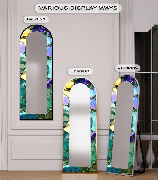 Specchio da pavimento astratto ad arco a tutta lunghezza - Specchio da pavimento con cornice nera e cornice nera, 67 x 170 cm (larghezza x altezza), effetto vetro lussuoso, con