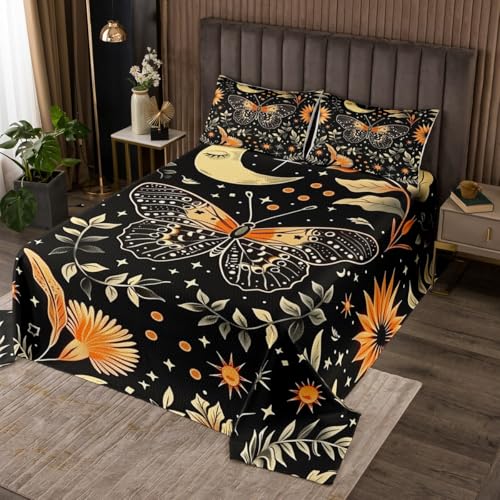 jejeloiu Boho Moon Sun Bedspread Starry Galaxy Bedspread for Kids Boys Girls Watercolor Mushroom Coverlet Set Wild Jungle Plants Quilted Room 3Pcs Full Size