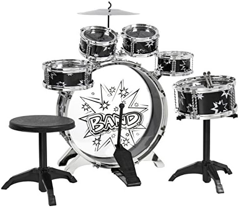Kids Drum Set Kids Toy with Cymbals Stands Throne Black Silver Boys Toy Drum Kit