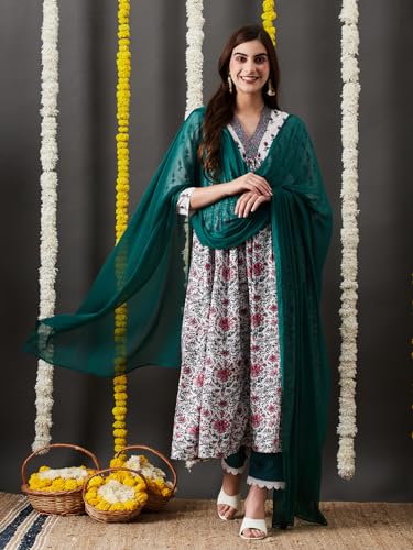 Image of GoSriKi Women's Cotton Blend Anarkali Printed Kurta with Pant & Dupatta