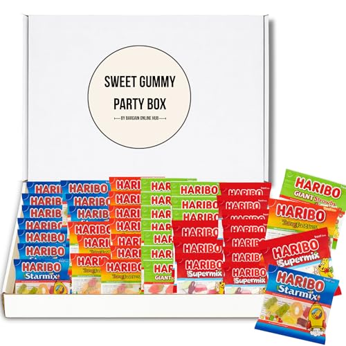 Sweet Gummy Party Box by Bargain Online Hub | 40 Haribo Treat Bags Gift Set – Starmix, Tangfastics, Supermix & Giant Strawbs | Sweet Hampers, Birthday Sweets Gift Box & Kids Party Favourites