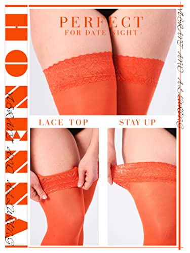 Image of HONENNA Plus Size Thigh High Stockings, Semi Sheer Stay Up Lingerie Lace Top Pantyhose for Curvy Women