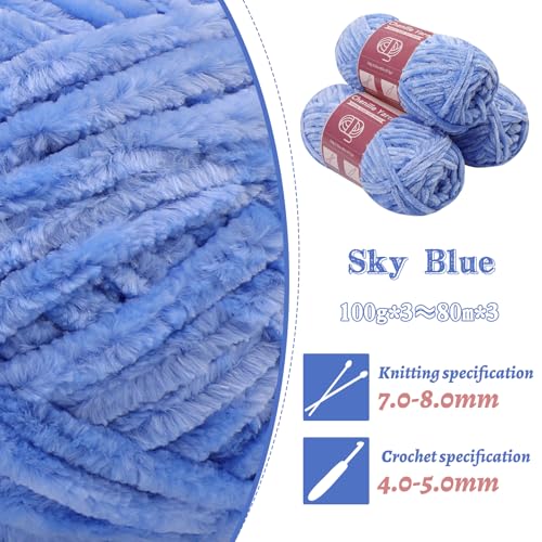 Image of LUNARM Chenille Yarn 3 Pack 3.5oz Chunky Blanket Velvet Yarn 263 Yard | Sky Blue Chunky Chenille Yarn for Beginners Crocheting Hand Knitting Scarves with Big Eye Needles Machine Washable