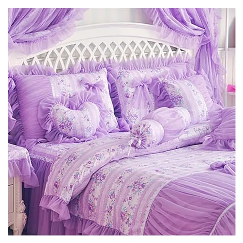 Ropa de cama suave transpirable de algodón púrpura con encaje king 4