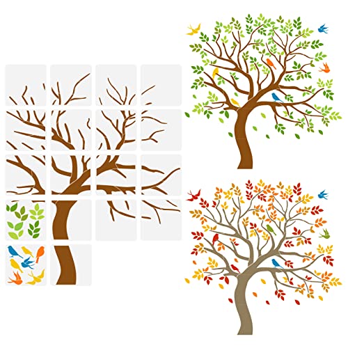 FINGERINSPIRE 18 pcs Tree Stencils for Painting 11.8x11.8inch Reusable Family Tree Drawing Template 150x120cm/59x47inch Life Tree and Birds Stencil for Wall for Paing on Wood, Floor, Furniture