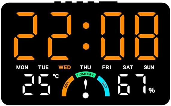 Large LED digital clock featuring time, digital wall clock,humidity, temperature, date, alarm, and comfort level indicators, designed for wall hanging or flat setup orange