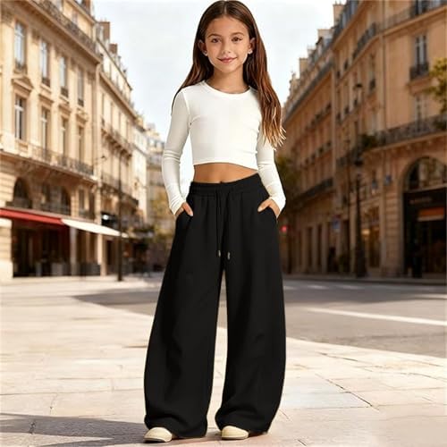 NORIBENREN Kids Sweatpants,Girls Sweatpants Baggy Barrel Wide Leg Pants Drawstring Open Bottom Casual Sweat Trousers with Pockets 5-15 Years(01_Black,150=10-11 Years) - 1