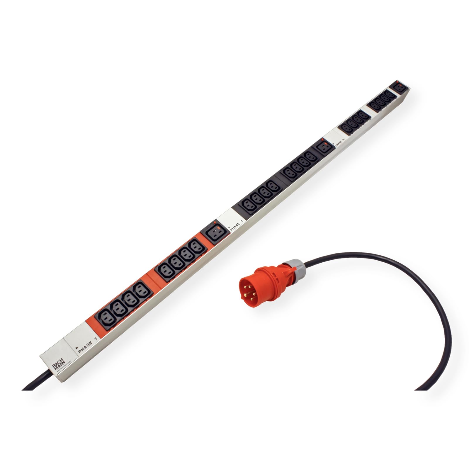 Bachmann 800.1656 Base múltiple Multi-enchufes Interior, 27 Salidas AC, C13, C19 acoplador, Gris, 400 V, 50 Hz, Negro/Plata/Rojo