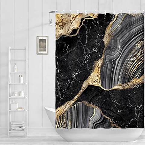 Black Gold Marble Shower Curtain Crack Ink Texture Luxury Abstract Decorative Stone Shower Curtains Set with Hooks Retro Bathroom Decor Cover