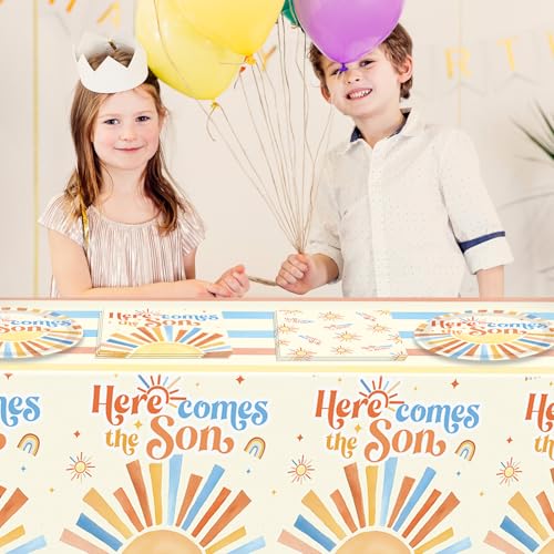 Image of Here Comes The Son Baby Shower Decorations,Boho First Trip Around The Sun Party Supplies,Disposable Dessert Plate,Napkin,Tablecloth for It's A Boy Gender Reveal,Sun You Are My Sunshine Baby Shower