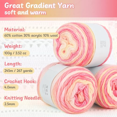 Image of Aeelike Gradient Yarn, 6 Skeins Ombre Fairyland Yarn for Crocheting 100g (3.52 oz) 245m (267 Yards) # 3 Light Weight, Vibrant Cake Yarns for Making Colorful Blanket Scarves Hat, Pink Yellow Gradient