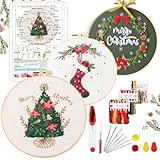 YINVA Stickerei Set Anfänger, Stickset Weihnachten, Kreuzstich-Kit Starter Tools Kit mit 2 Stück Kunststoff-Stickrahmen, Farbfäden und Werkzeuge, für DIY Kunst, Handwerk, Sticken