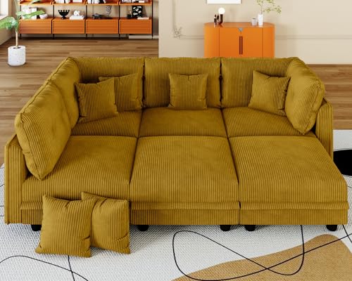 Image of LLappuil 112 inch Modular Sectional Sofa with Storage, U Shaped 6-Seat Corduroy Couch with 6 Throw Pillows, Convertible Sofa Set for Living Room & Apartment, Skin-Friendly & Soft, Yellow