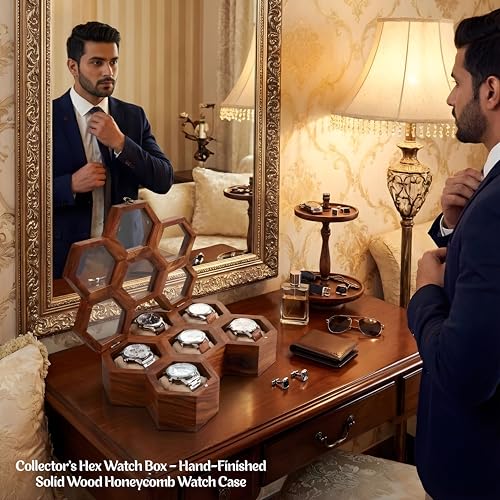 Image of Premium Wooden Watch Box for Men & Women | 6-Slot Honeycomb Watch Storage Case with Soft Cushions | Elegant Watch Organizer & Gift Box