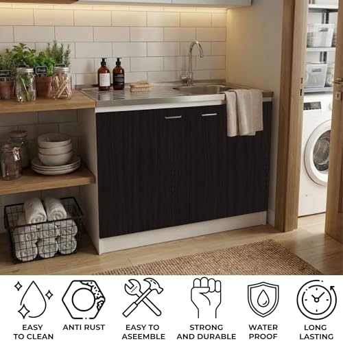 Image of Tuhome Napoles Utility Sink Cabinet for Kitchen Use with Integrated Stainless Steel Sink and Stainless Steel Countertop, Double Door Storage Cabinet with Interior Shelf for Kitchen, Laundry or Utility